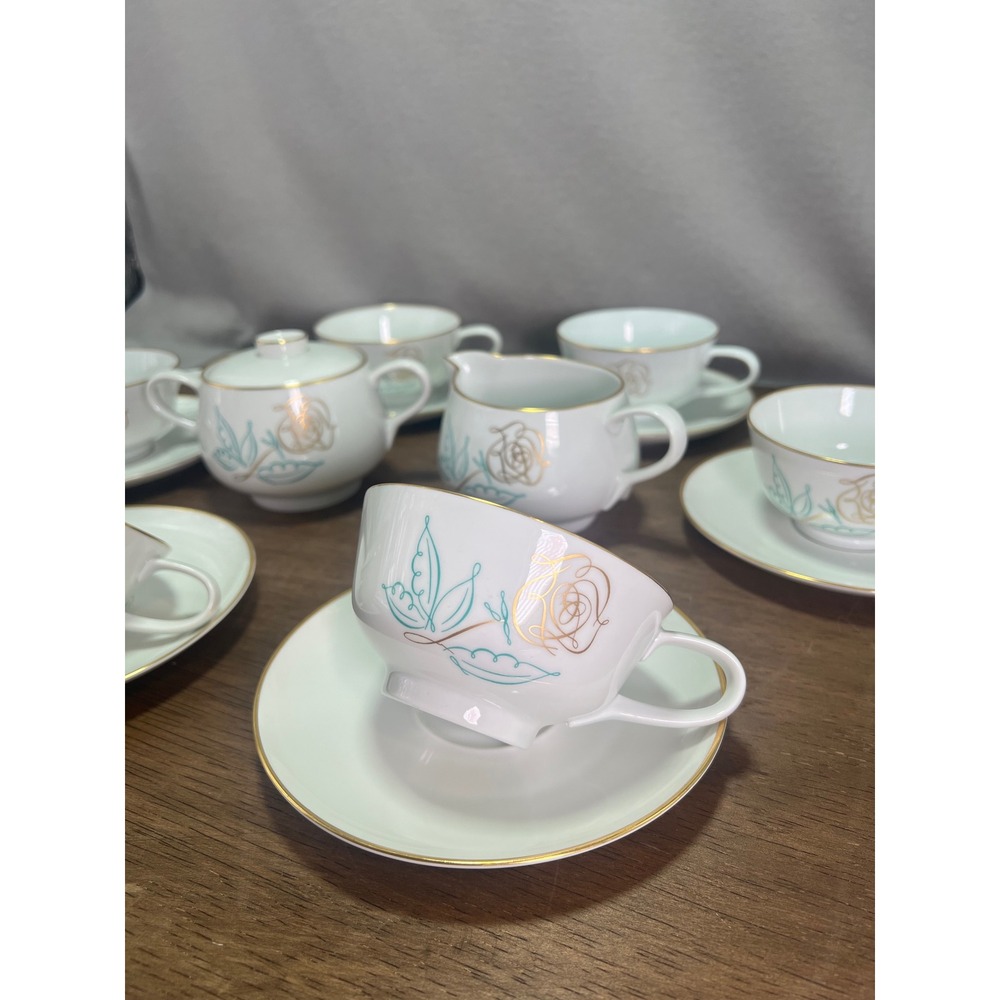 Easterling Spencerian Rose Tea Set Creamer Sugar Cups 60s Vintage Floral MCM